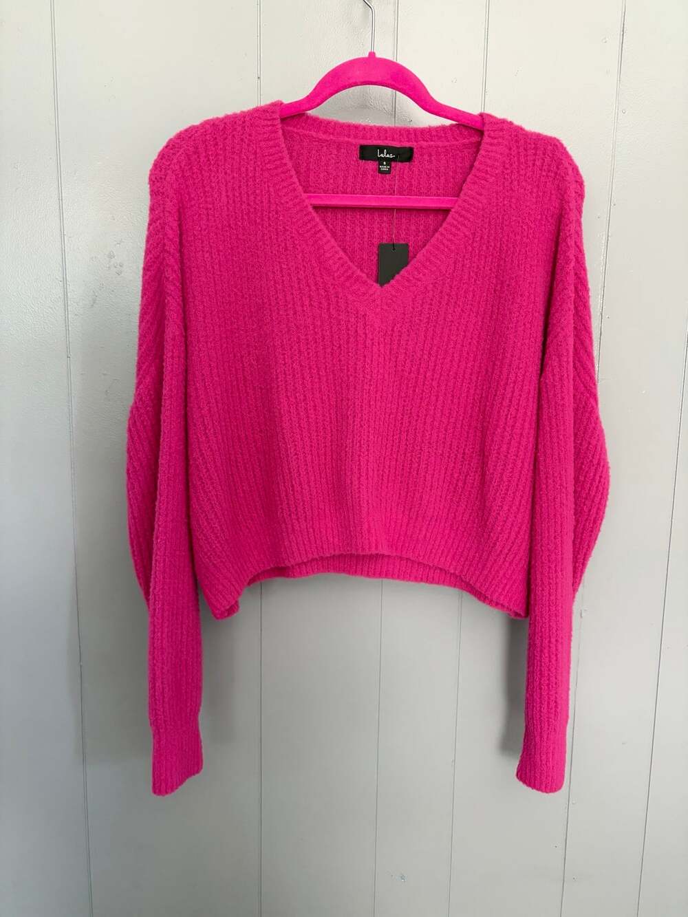 NEW Lulus Hot Pink Barbie V-neck Chunky Knit Oversized Cropped Sweater S